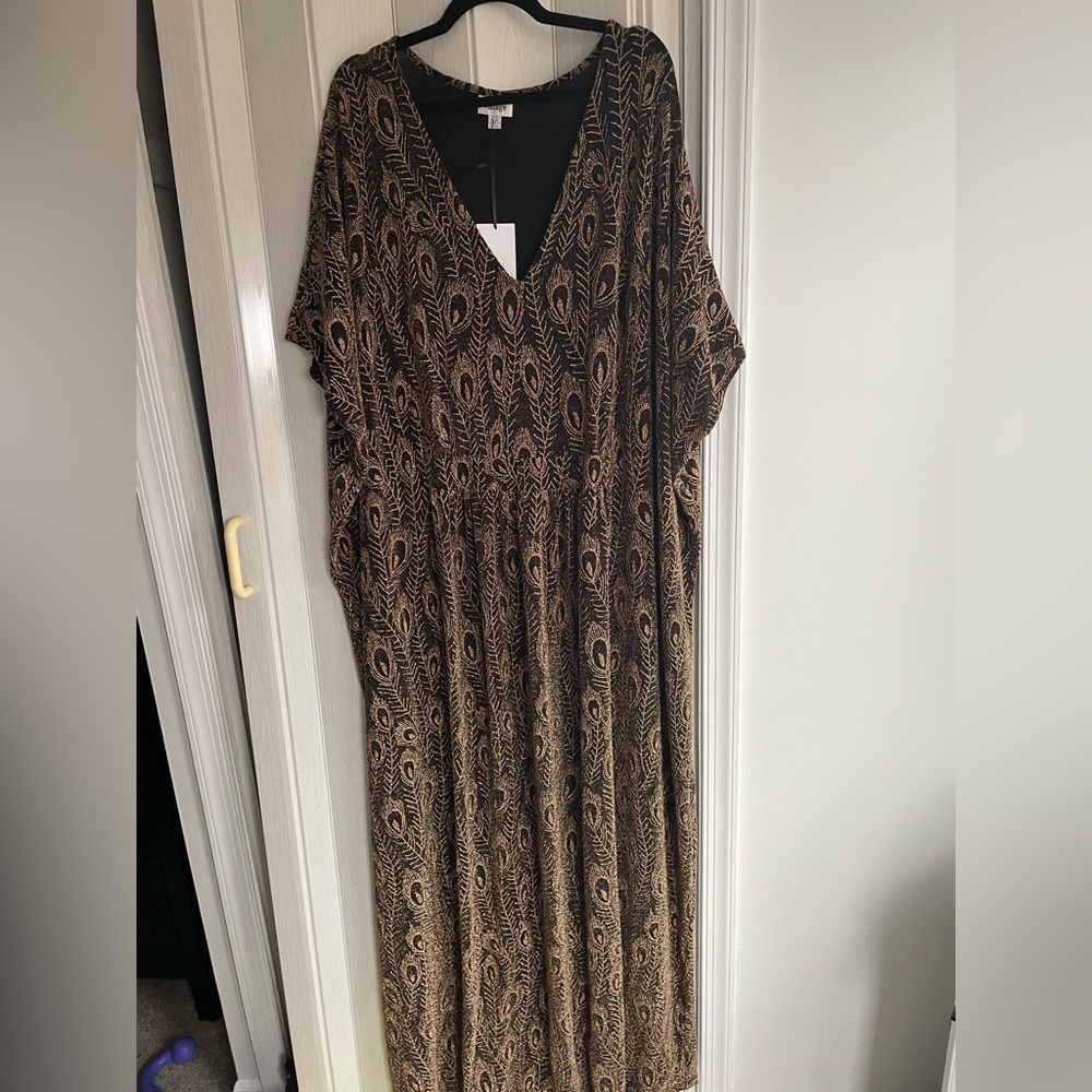 Unique Vintage Burton caftan, gold peacock print, one size plus, NWT